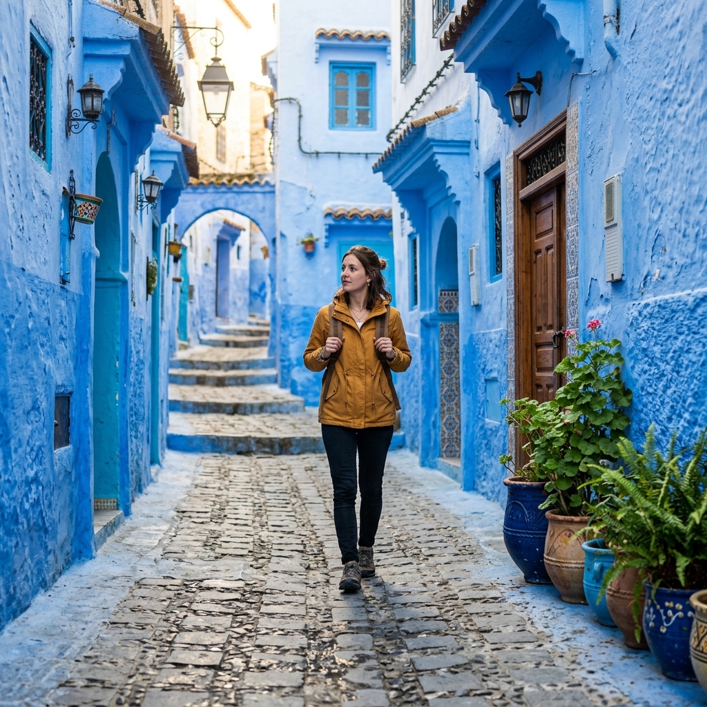 Morocco travel tour packages 7-day itinerary: traveler exploring the vibrant souks of Marrakech with colorful textiles