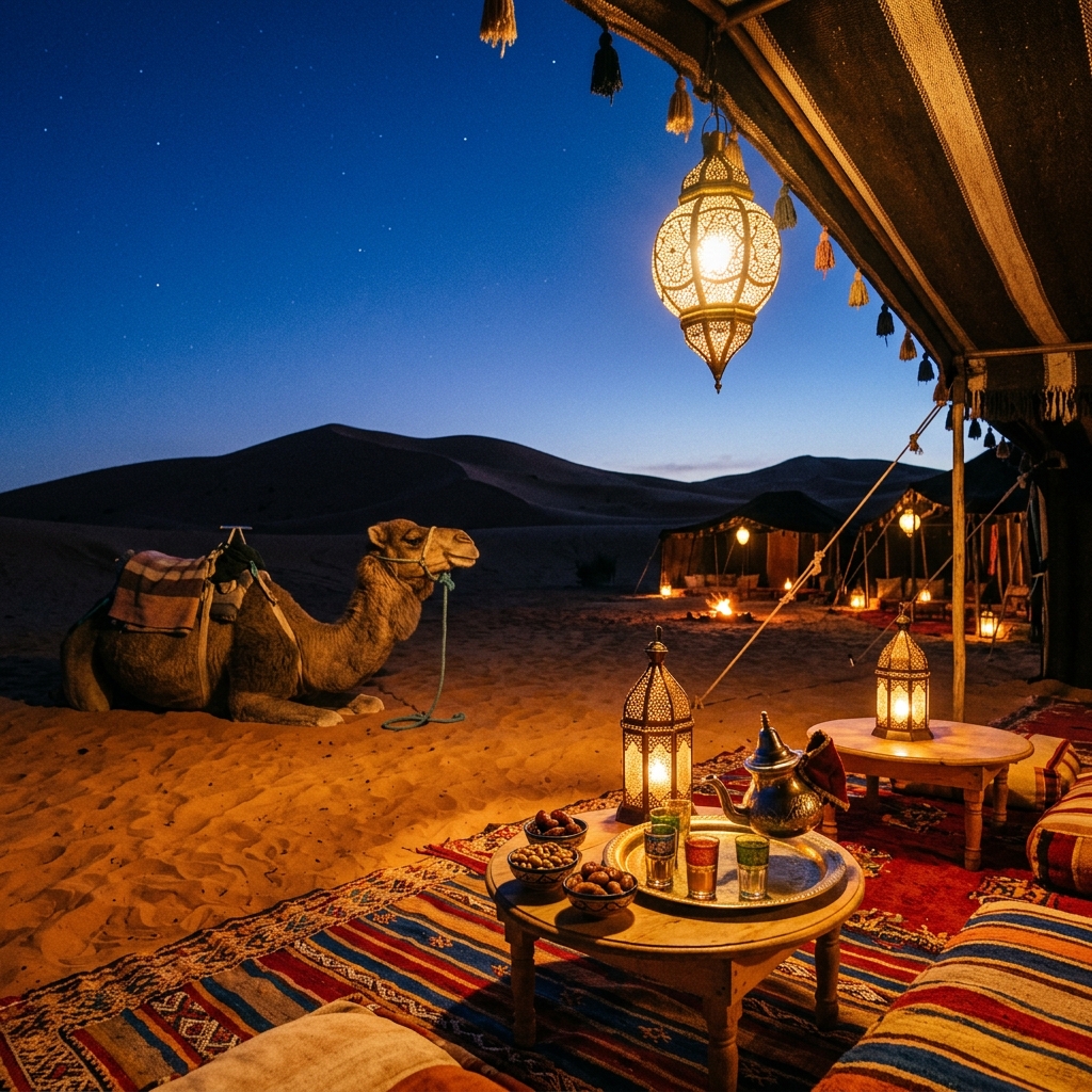 Indian couple exploring Marrakech souks with hanging lanterns and spice stalls highlighting cultural connections