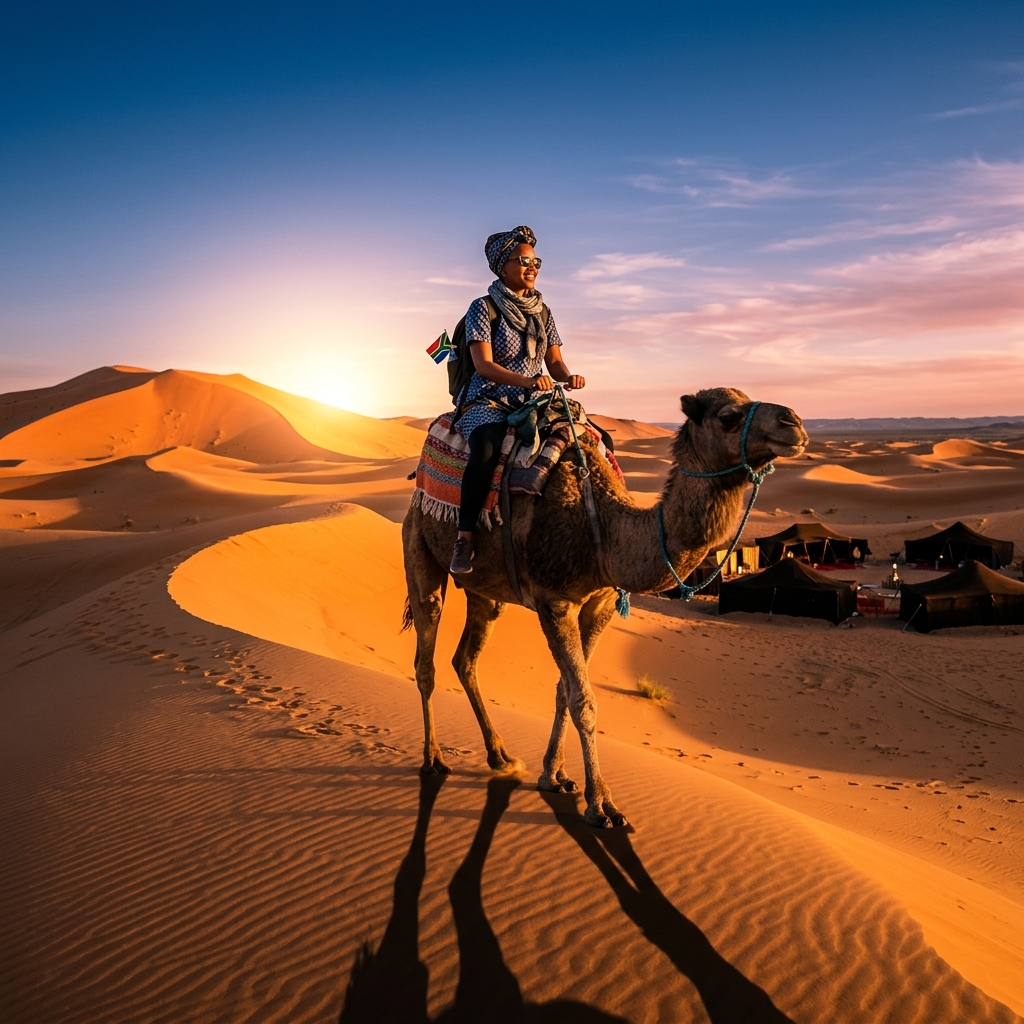 Morocco package South Africa including flights: authentic Moroccan tagine meal in Fes riad, South African traveler enjoying local cuisine