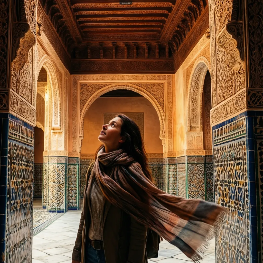 Morocco vacation package flights solo traveler admiring Bahia Palace intricate tilework in Marrakech