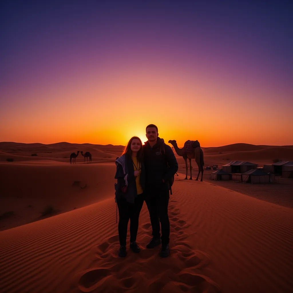 Best value Morocco flight packages couple at Sahara desert dunes sunset with camels Erg Chebbi luxury desert camp
