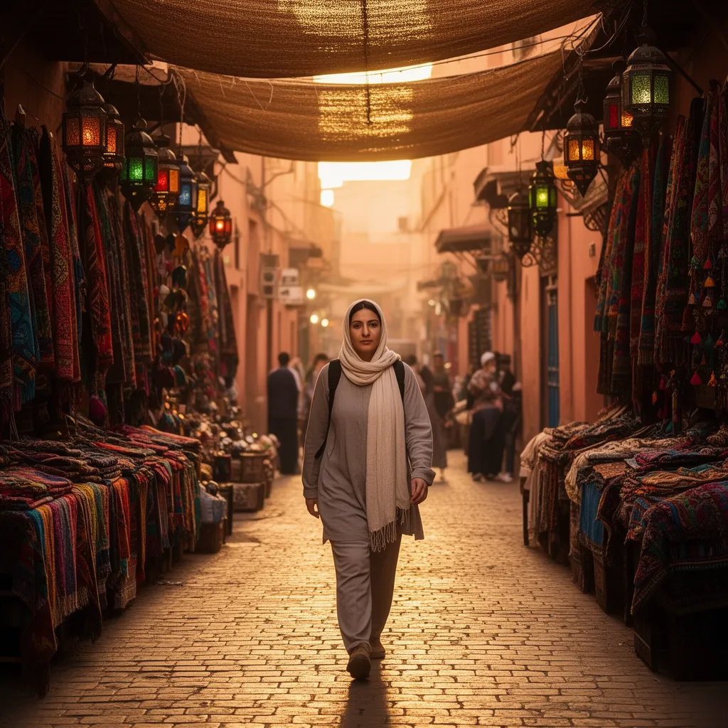 Solo female traveler navigating Marrakech medina narrow alley with colorful textiles and lanterns