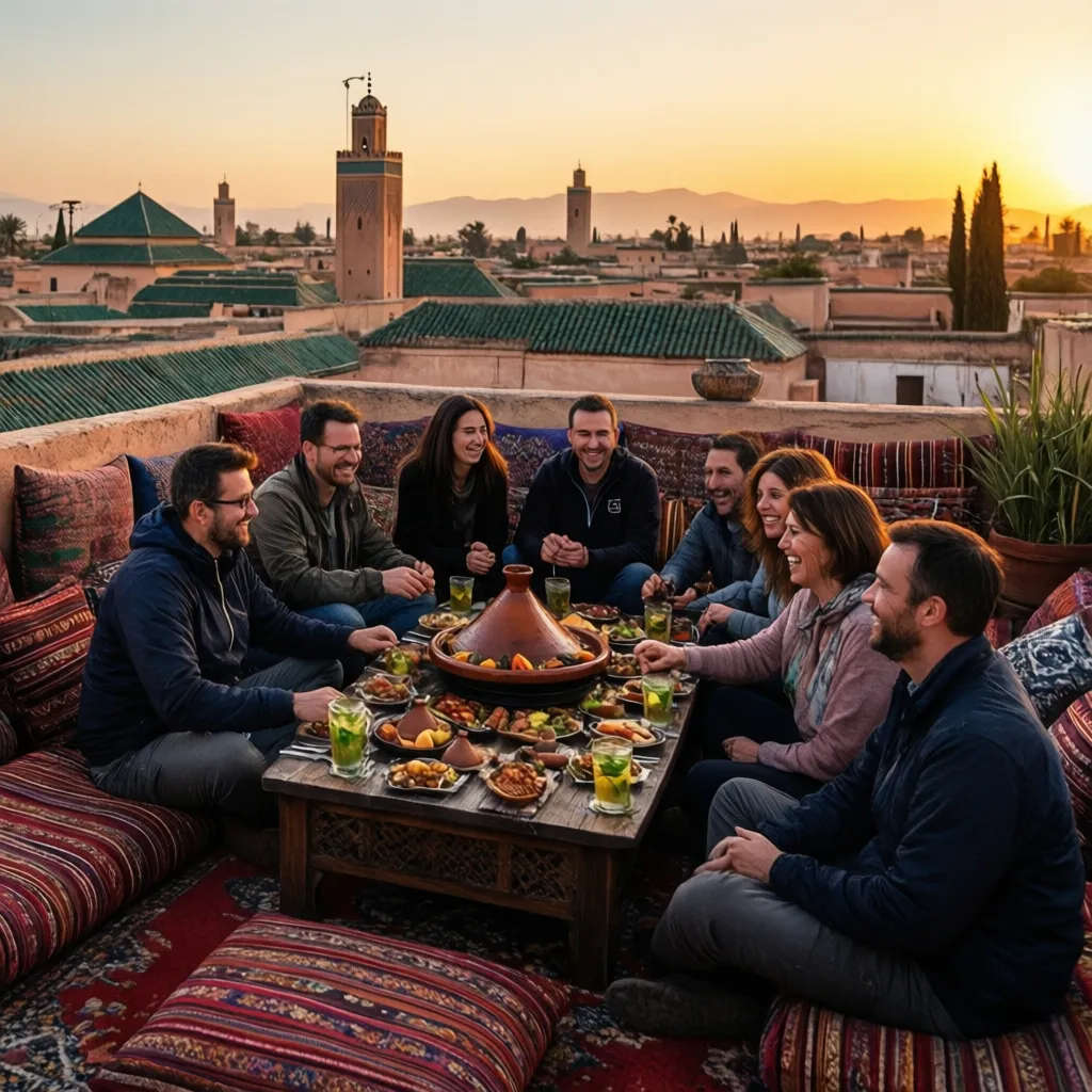 Morocco solo travel packages group solo travelers sharing tagine dinner on rooftop riad terrace Fes sunset social connection