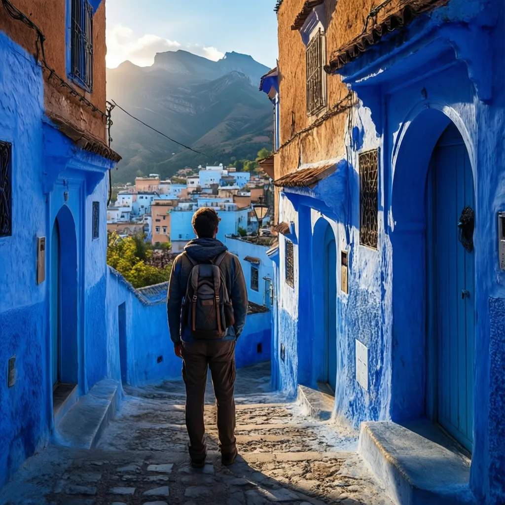 Best solo tours Morocco solo traveler viewing Chefchaouen blue city streets Rif Mountains peaceful inspiration travel