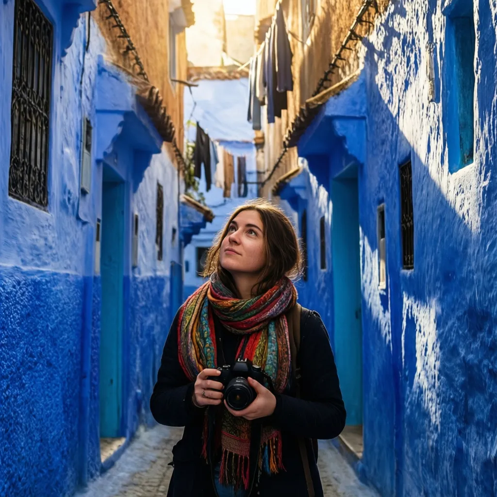 Traveler exploring Chefchaouen blue alleys in spring - best time to visit Morocco for photography