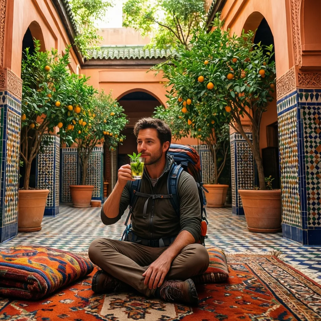 Budget traveler relaxing in Marrakech riad courtyard in January - cheapest month to visit Morocco