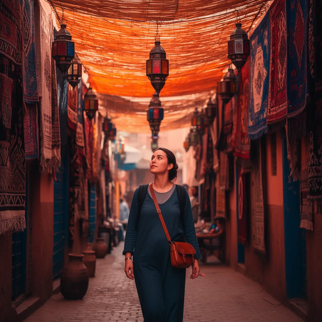 Solo traveler exploring narrow alley in Marrakech medina with colorful textiles and lanterns overhead