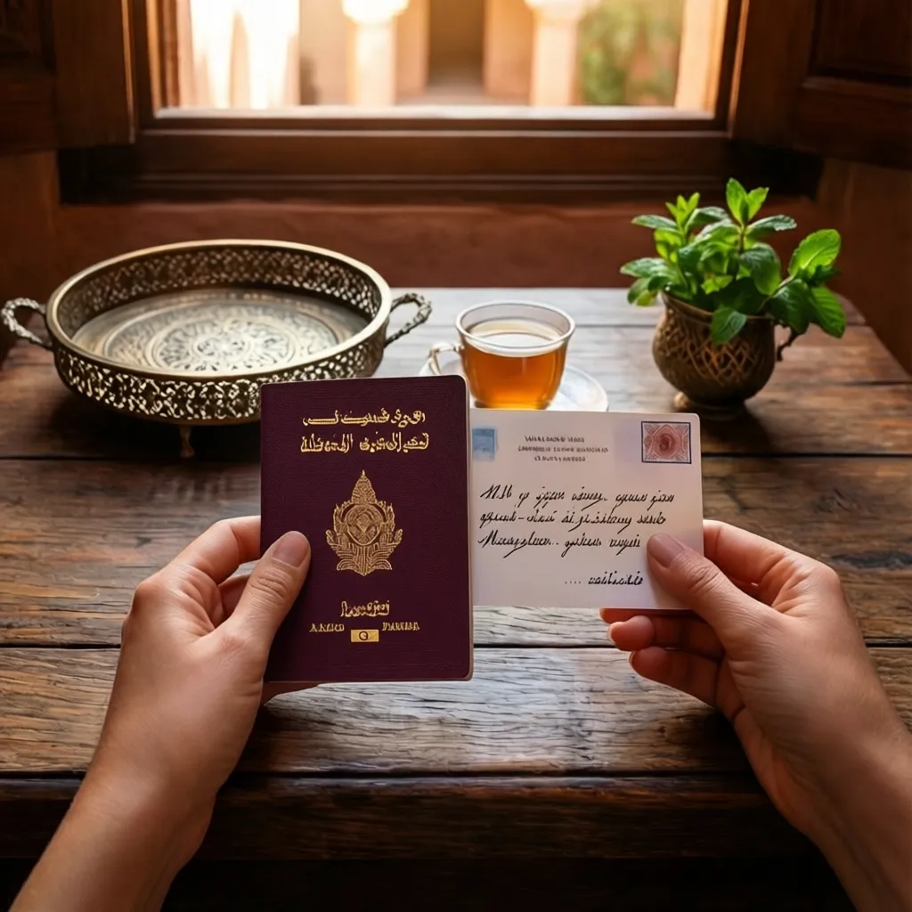 Traveler holding passport and address card in a riad courtyard with mint tea