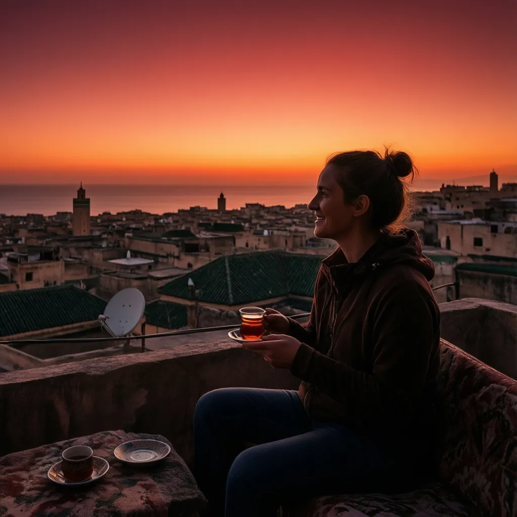 Traveler enjoying mint tea on a rooftop terrace in Fes at sunset overlooking medina rooftops
