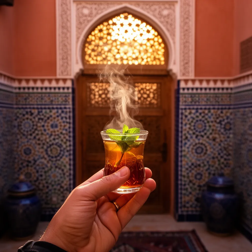 Traveler enjoying mint tea in a traditional Marrakech riad courtyard with zellige tilework and warm golden light