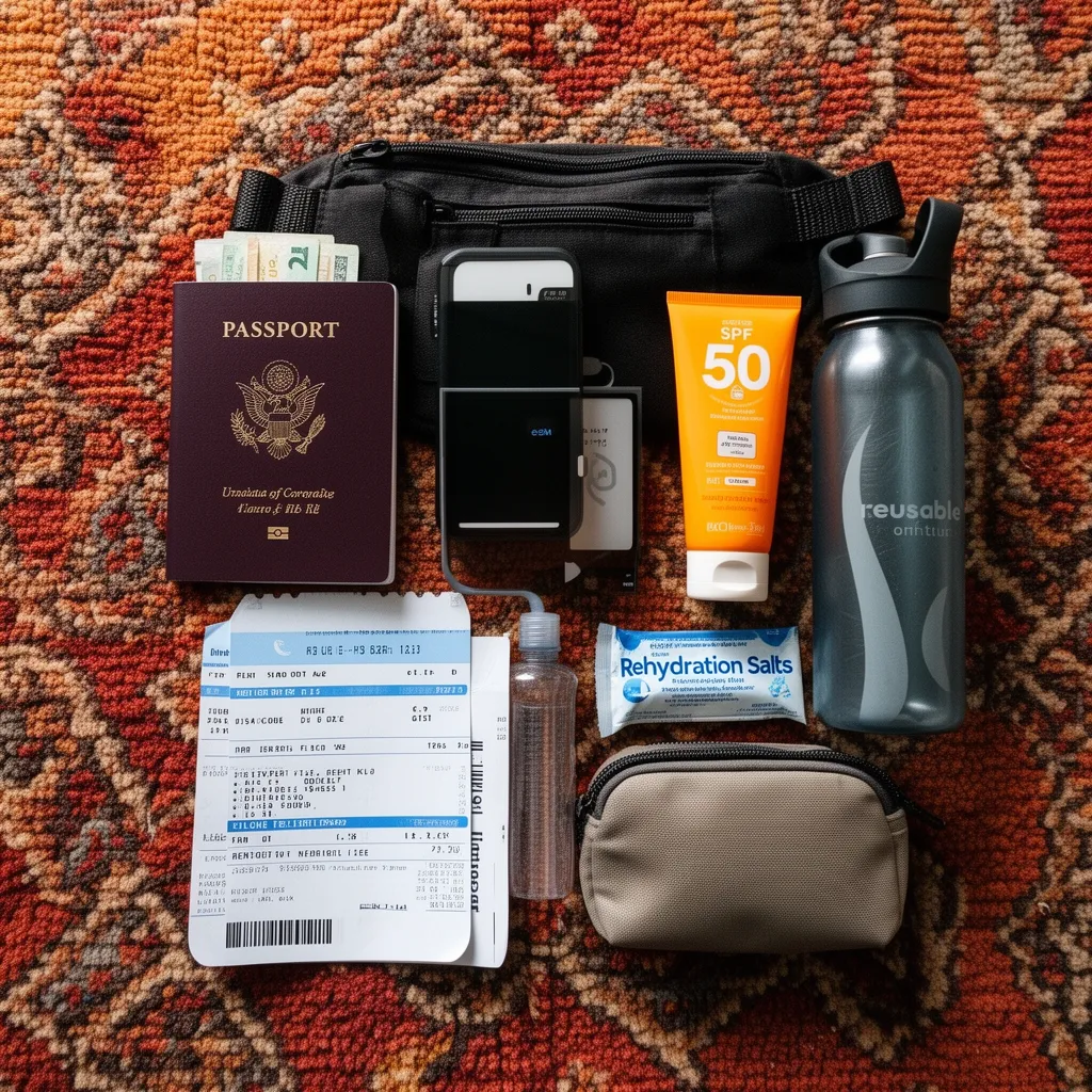 Flat lay of essential safety items including passport, money belt, sunscreen, and water bottle on Moroccan rug