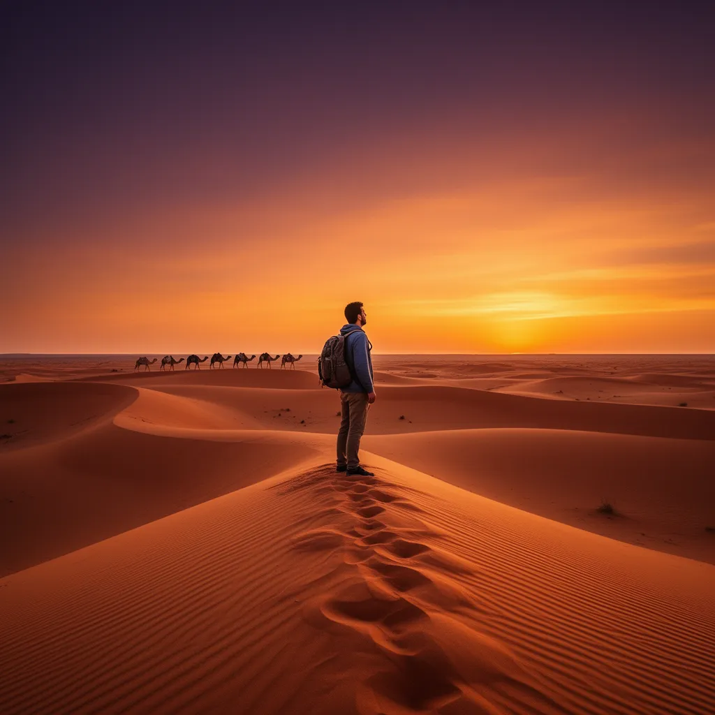 Traveler watching sunset over Sahara desert dunes, peaceful and awe-inspiring Moroccan landscape