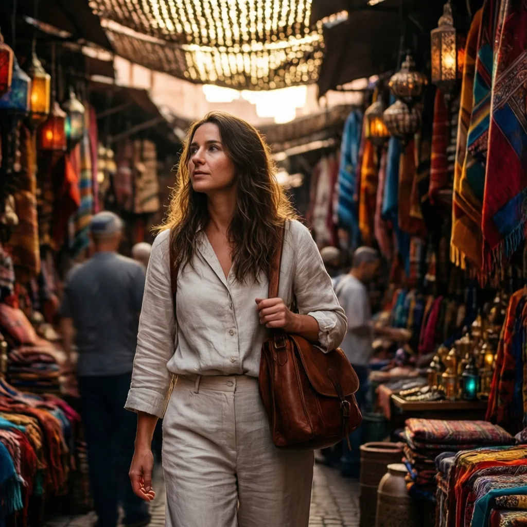 Best time to travel to Morocco: traveller exploring Marrakech souk in spring afternoon with vibrant textiles and lanterns