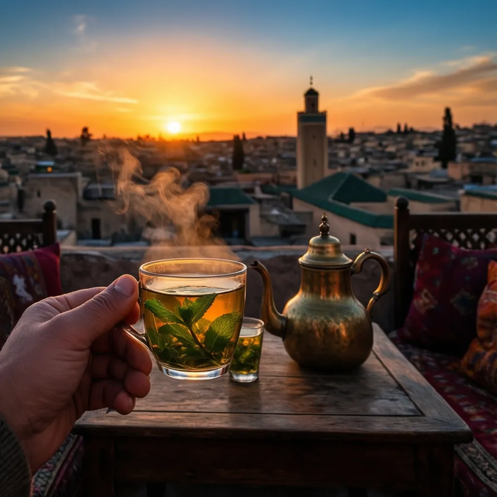 Mint tea on Fes rooftop at sunset overlooking the medina during autumn — one of the best times to travel to Morocco