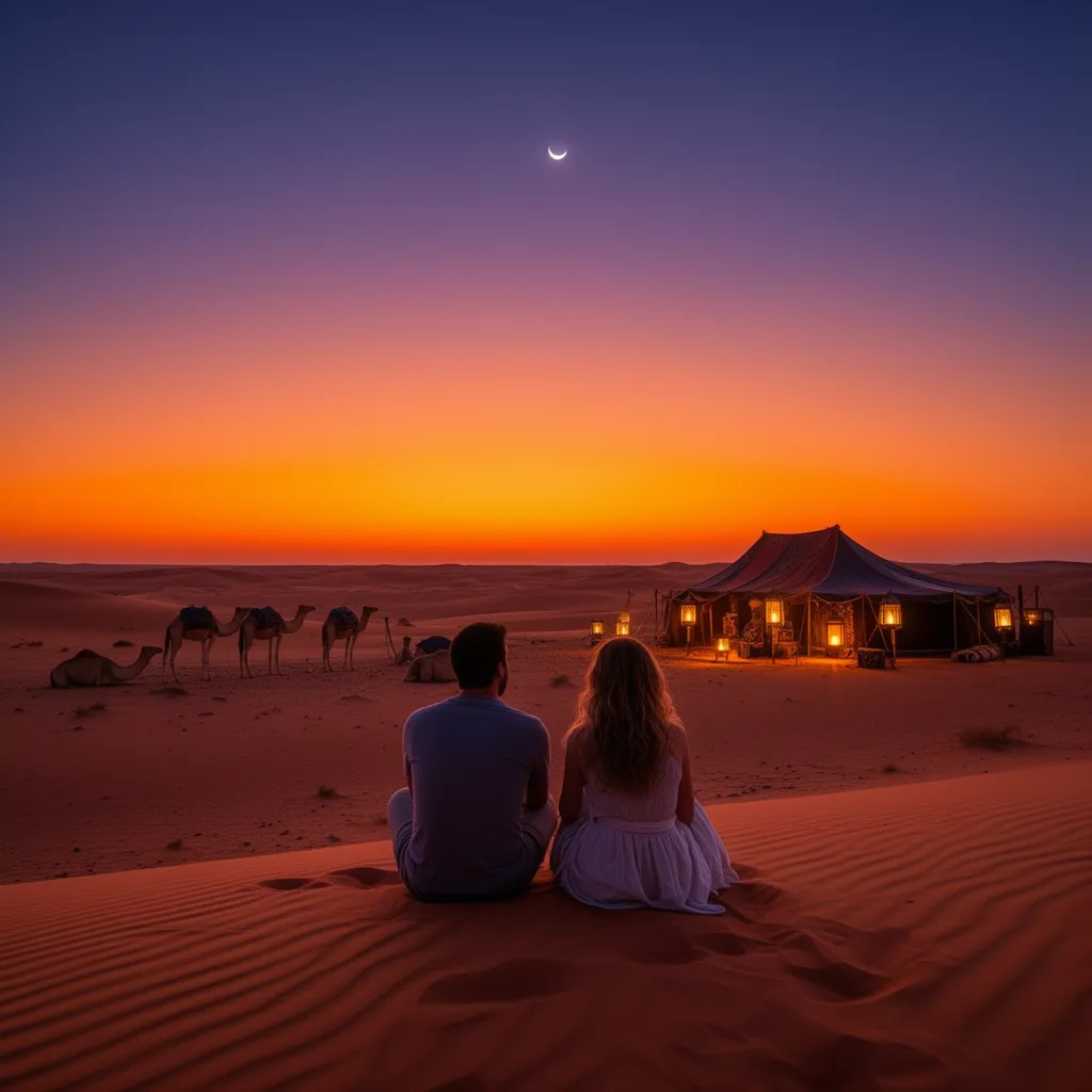 Couple watching sunset in the Sahara near Merzouga — autumn is the best time to travel to Morocco's desert