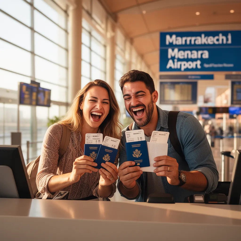 US UK citizen checking passport requirements do I need a visa to travel to Morocco smiling couple at Marrakech airport with boarding passes visa free entry guide