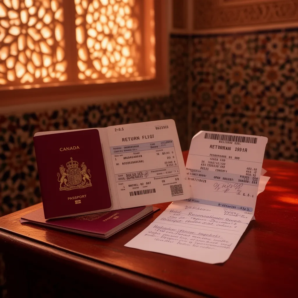 Canadian citizen preparing travel documents passport validity entry requirements Morocco Fes riad desk with return ticket and hotel booking visa free travel tips