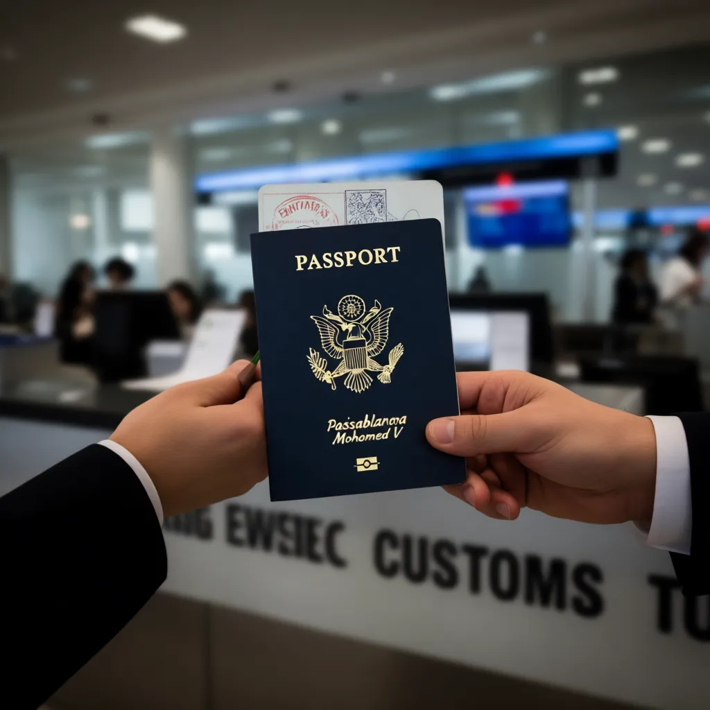 US passport being processed at Casablanca airport customs, essential entry documents for American tourists visiting Morocco