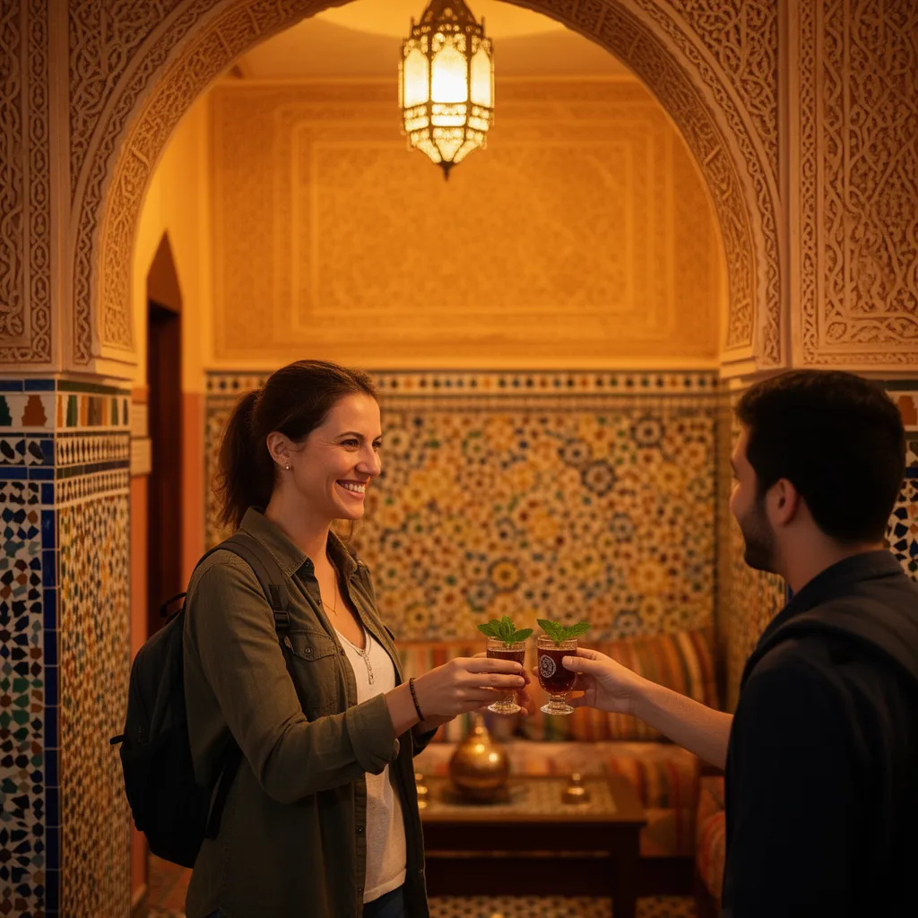 American solo female traveler welcomed with mint tea at Marrakech riad, safe and memorable Morocco travel experience
