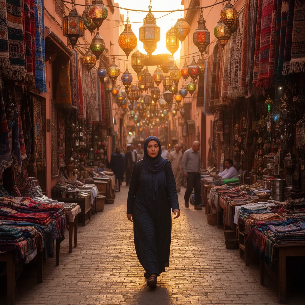 Solo female travel Morocco: a woman walks alone through the Marrakech medina alleys, vibrant colors and golden light, safe and empowered solo travel to Morocco