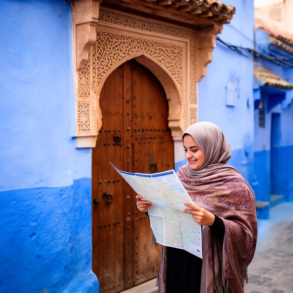 Solo travel to Morocco tips: woman using a map in Chefchaouen's blue streets, modest dress and confident navigation for solo female travel Morocco