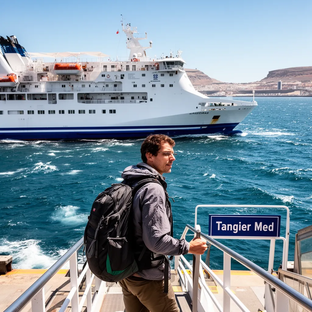 Traveler boarding ferry from Algeciras to Tangier Med - best way to travel to Morocco from Spain
