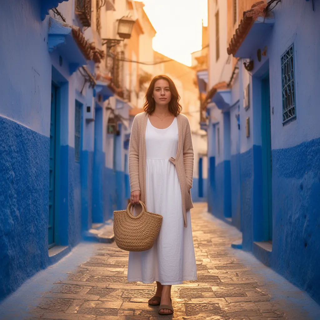 Female traveler in modest midi dress and cardigan in Chefchaouen blue alley perfect example of travel to Morocco outfits