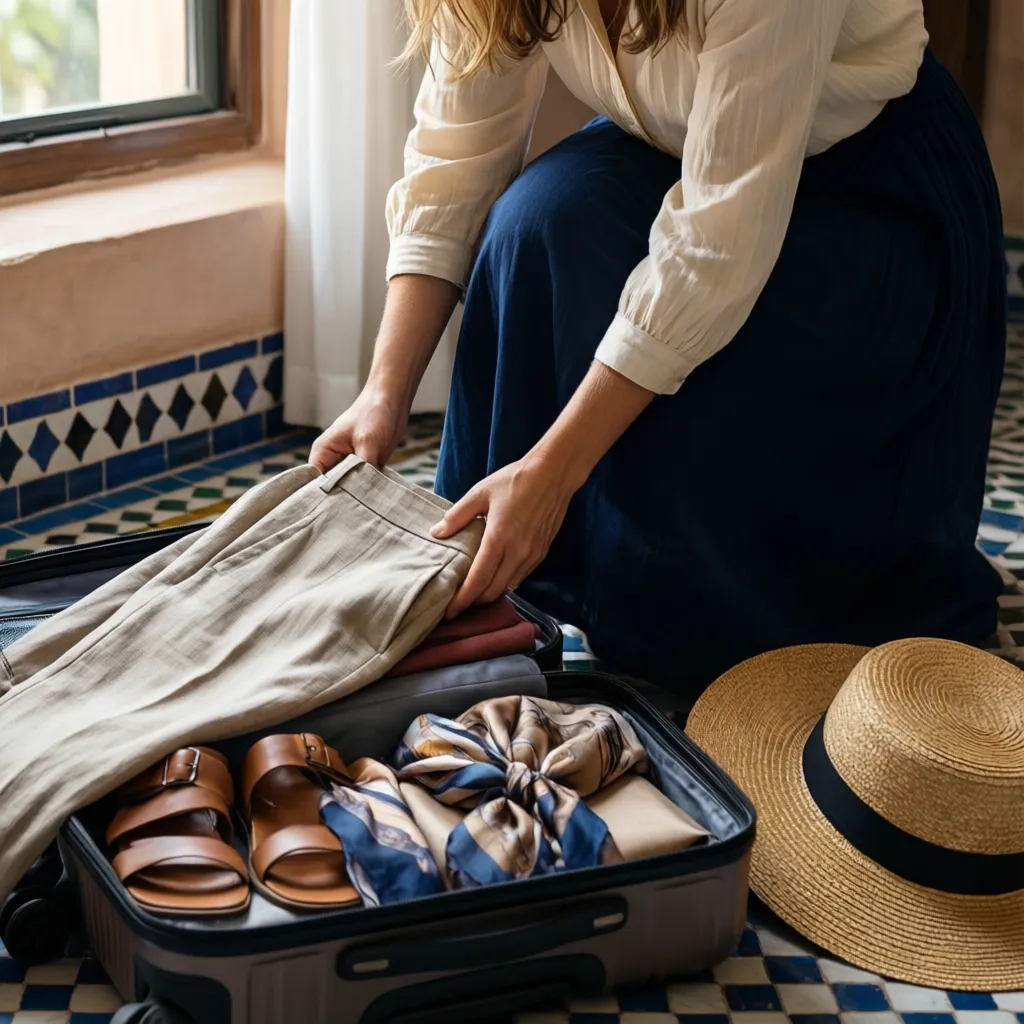 Packing list for travel to Morocco – essential travel to Morocco clothes in neutral tones like linen trousers maxi skirt scarf and sandals on riad floor
