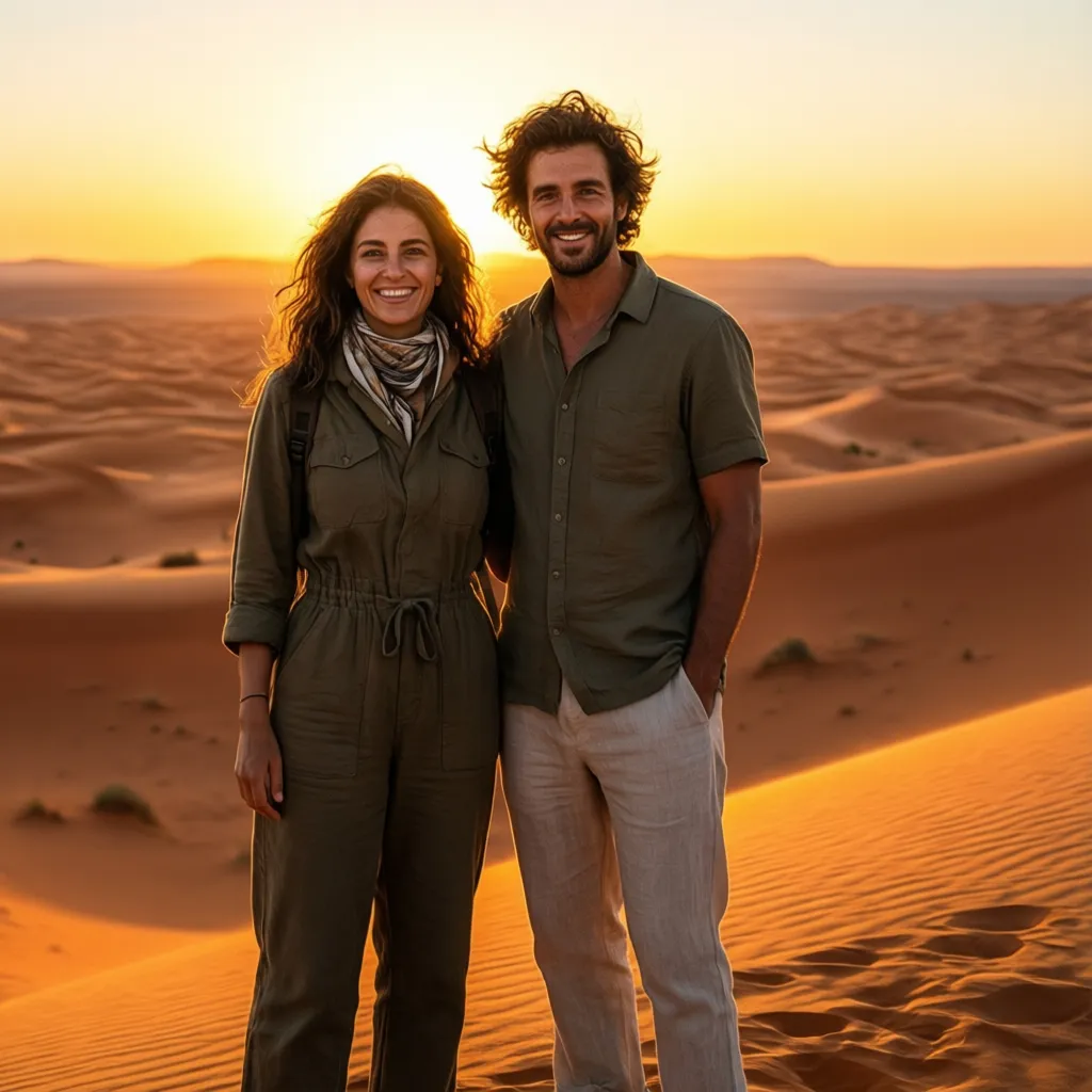 Couple in stylish modest clothing at Merzouga Sahara sunset showing what to wear in Morocco for inspiration