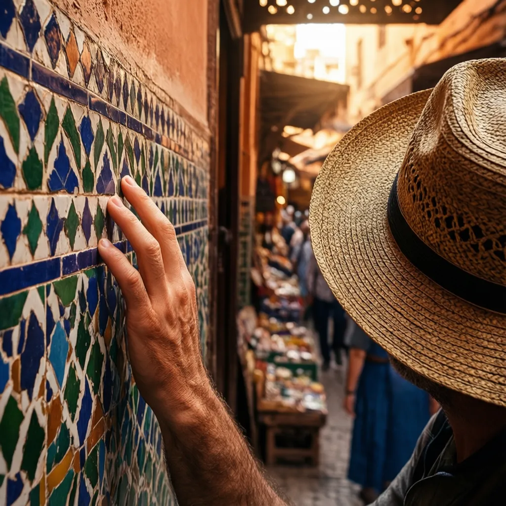 Marrakech Morocco travel – traveler touching intricate zellij tilework in a vibrant souk alley, warm golden light highlights traditional Moroccan craftsmanship in the medina
