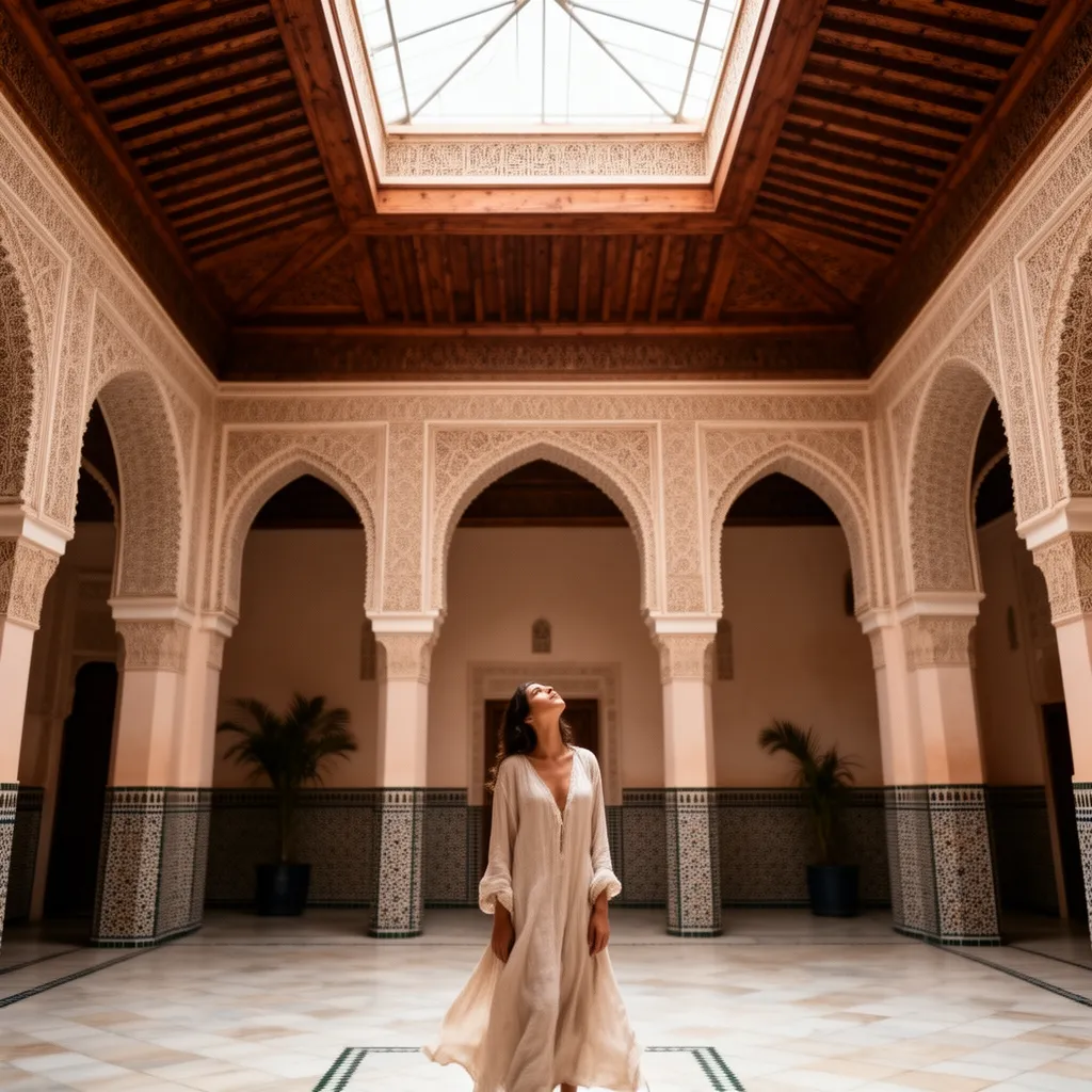 Marrakech Morocco attractions – solo traveler admiring intricate cedar ceilings at Bahia Palace, showcasing authentic Islamic architecture in the city of Marrakech
