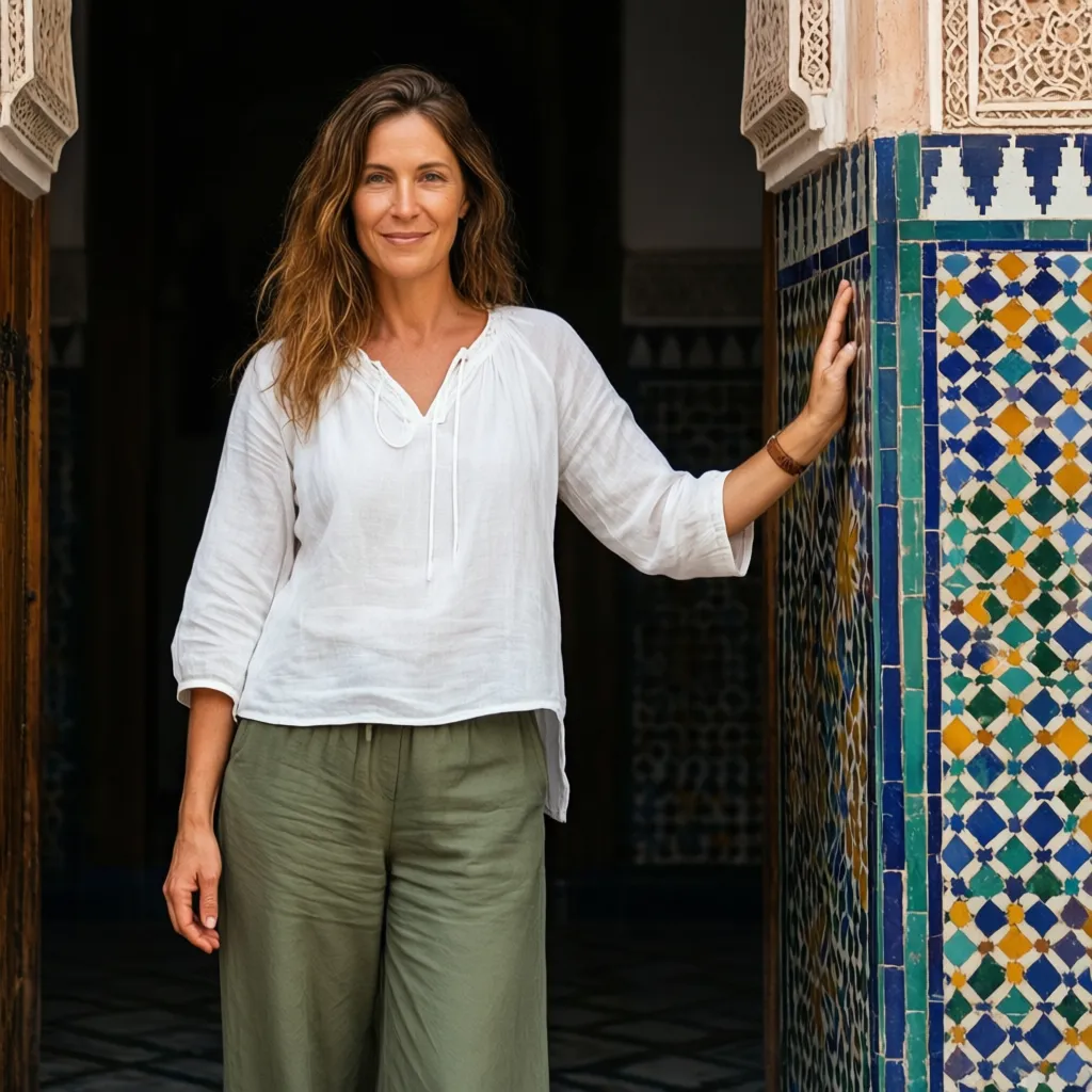 Woman wearing modest tunic and wide-leg pants at Bahia Palace Marrakech