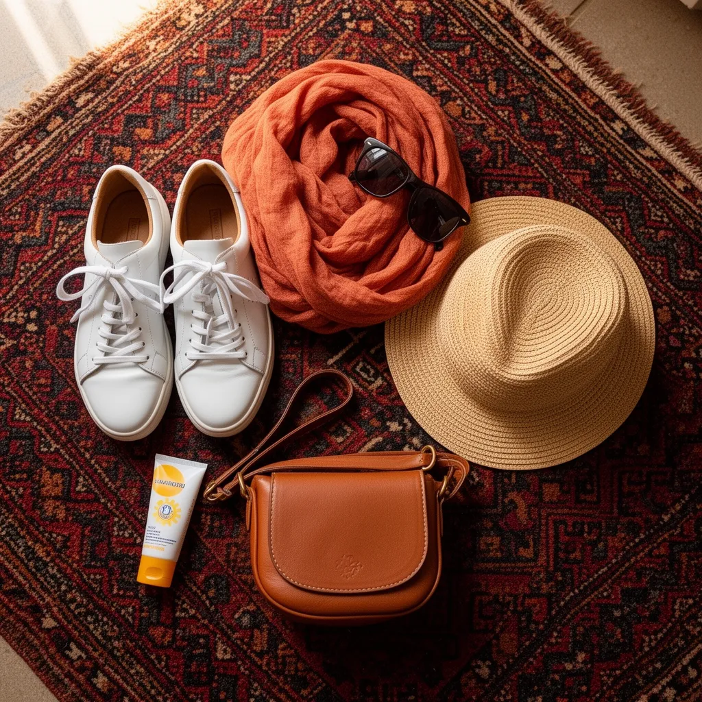 What to wear in Marrakech packing essentials flat lay including walking shoes scarf sunscreen and crossbody bag