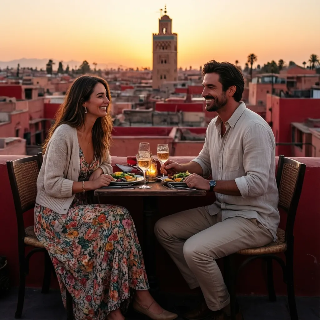 Couple dressed for Marrakech evening dinner on rooftop wearing linen clothes