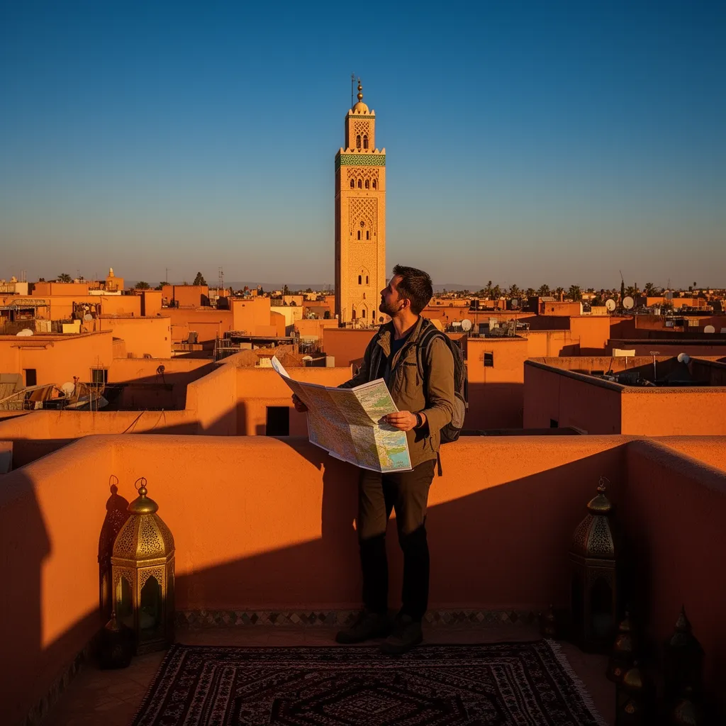 How many days in Marrakech: traveler looking over medina rooftops toward Koutoubia Mosque at sunset deciding trip length