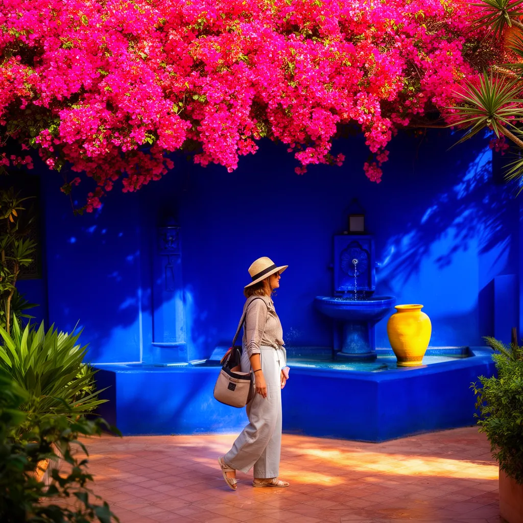 Traveler in Jardin Majorelle with cobalt blue walls and bougainvillea