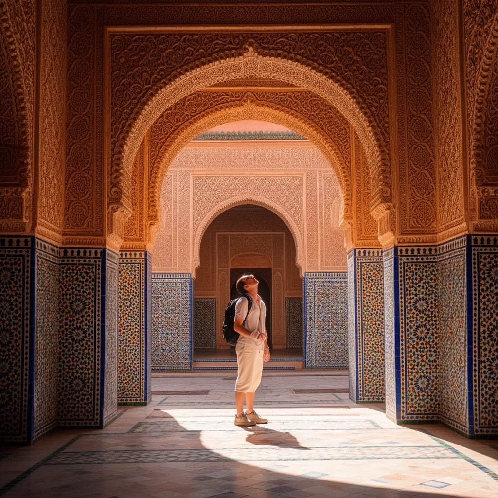 Bahia Palace courtyard with intricate tilework and stucco carvings, top Marrakech attraction