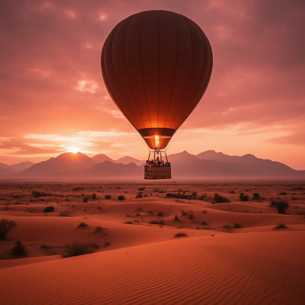 Hot air balloon ride over Marrakech desert at sunrise with Atlas Mountains