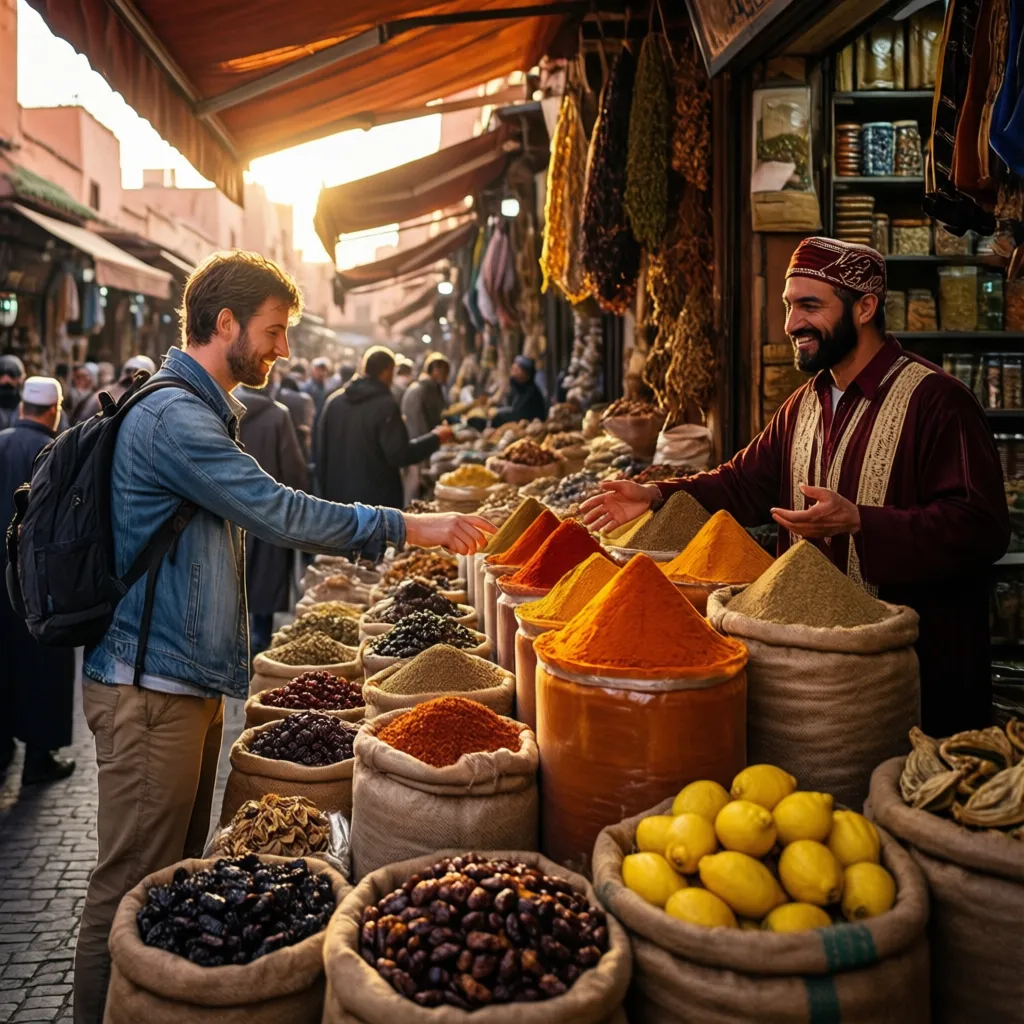 Guided Marrakech cooking class market tour: traveler picking fresh spices, olives, and preserved lemons at a vibrant medina souk in Morocco