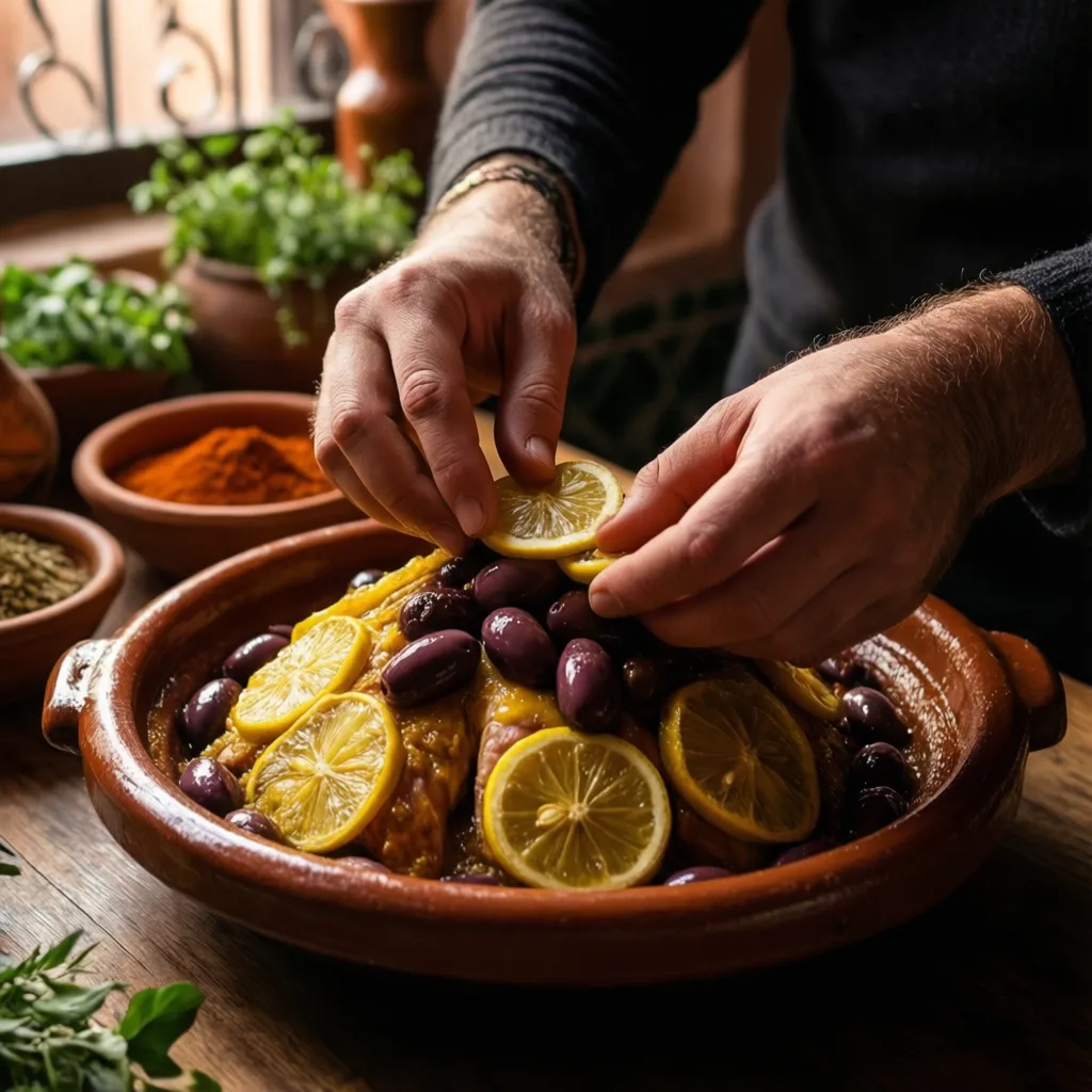 Hands-on Marrakech cooking class: layering preserved lemons and olives into a chicken tagine in a traditional riad kitchen, Morocco