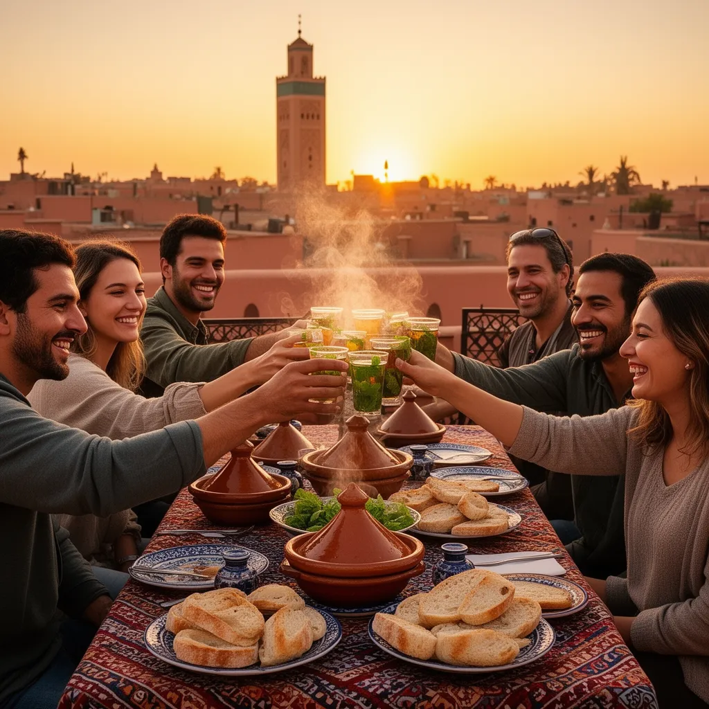 Happy travelers sharing a Moroccan mint tea toast after a Marrakech cooking class, with prepared tagines on a riad terrace in Morocco