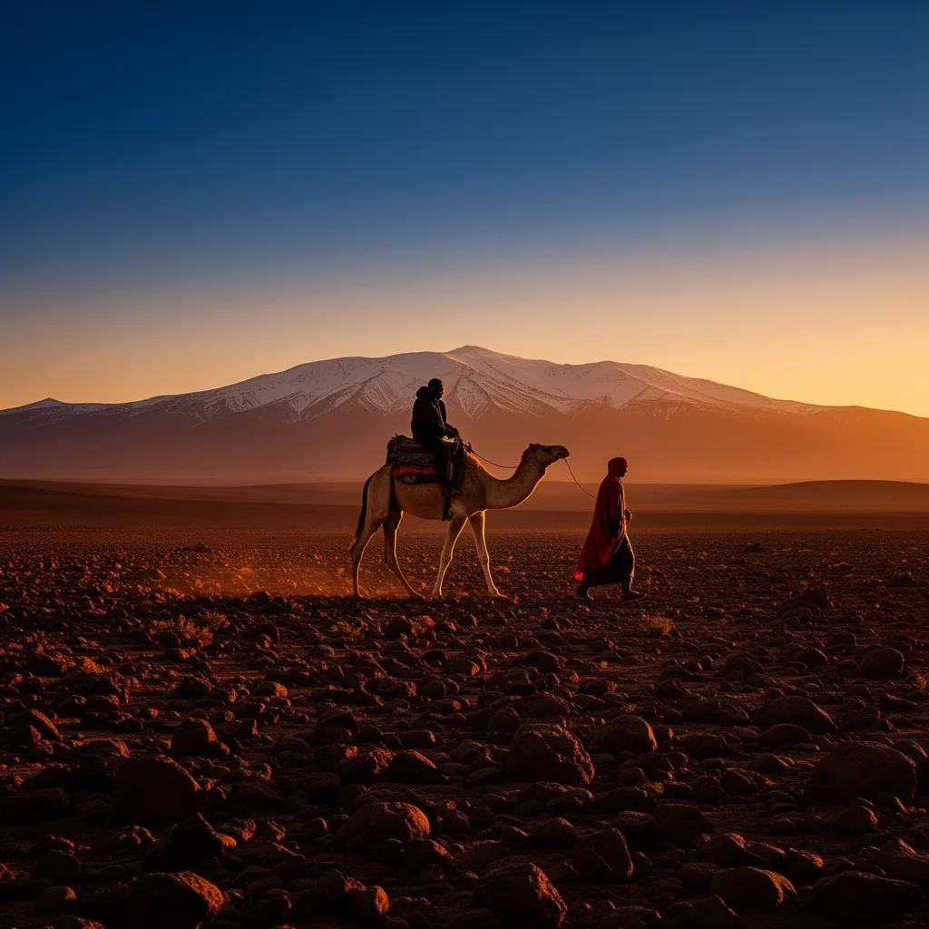 Agafay desert day trip from Marrakech, Morocco: camel ride across rocky lunar landscape with Atlas Mountains at golden hour sunset