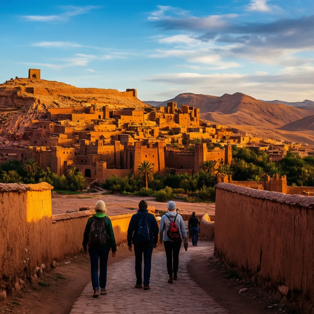 Historic Ait Ben Haddou UNESCO fortress village near Ouarzazate on a 3-day Sahara desert tour from Marrakech, Morocco at sunset