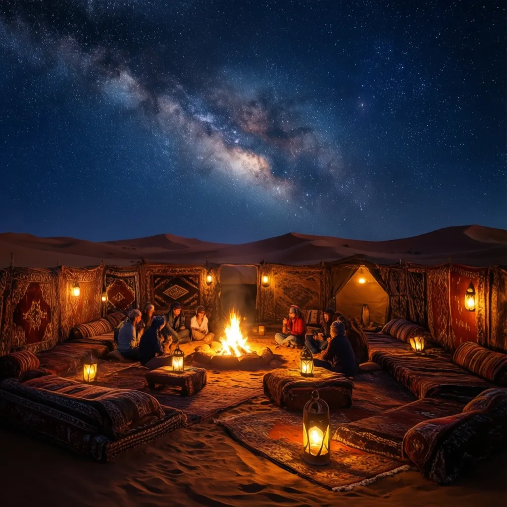 Overnight luxury desert camp under stars during a Sahara desert tour from Marrakech, Berber tents glowing in Erg Chebbi Morocco