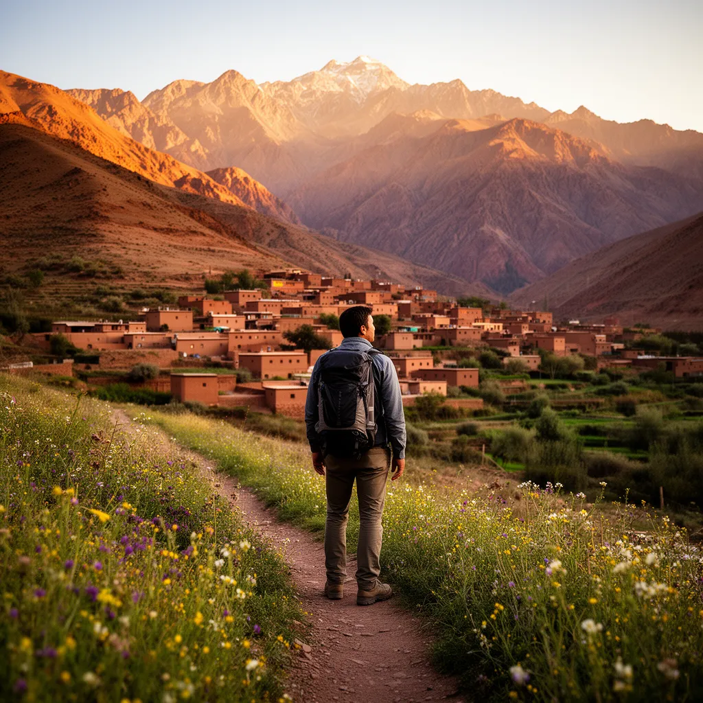 Hiker in Ourika Valley on an Atlas Mountains day trip from Marrakech, with a Berber village and terraced fields