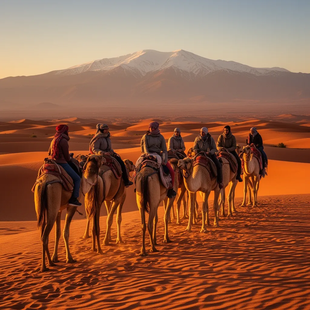 Group camel ride at sunset in the Agafay Desert near Marrakech, with the snow-capped Atlas Mountains in the background