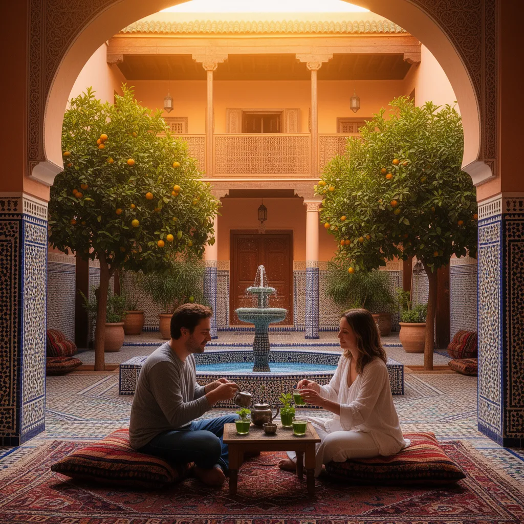 Traditional riad courtyard in the Marrakech Medina with fountain and mint tea