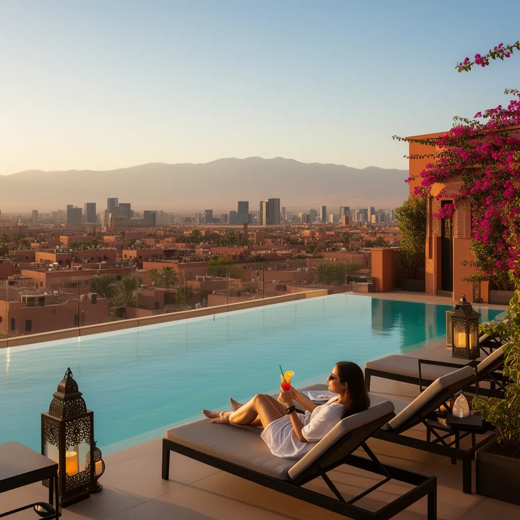Rooftop pool in Gueliz, Marrakech, with a view of the Atlas Mountains