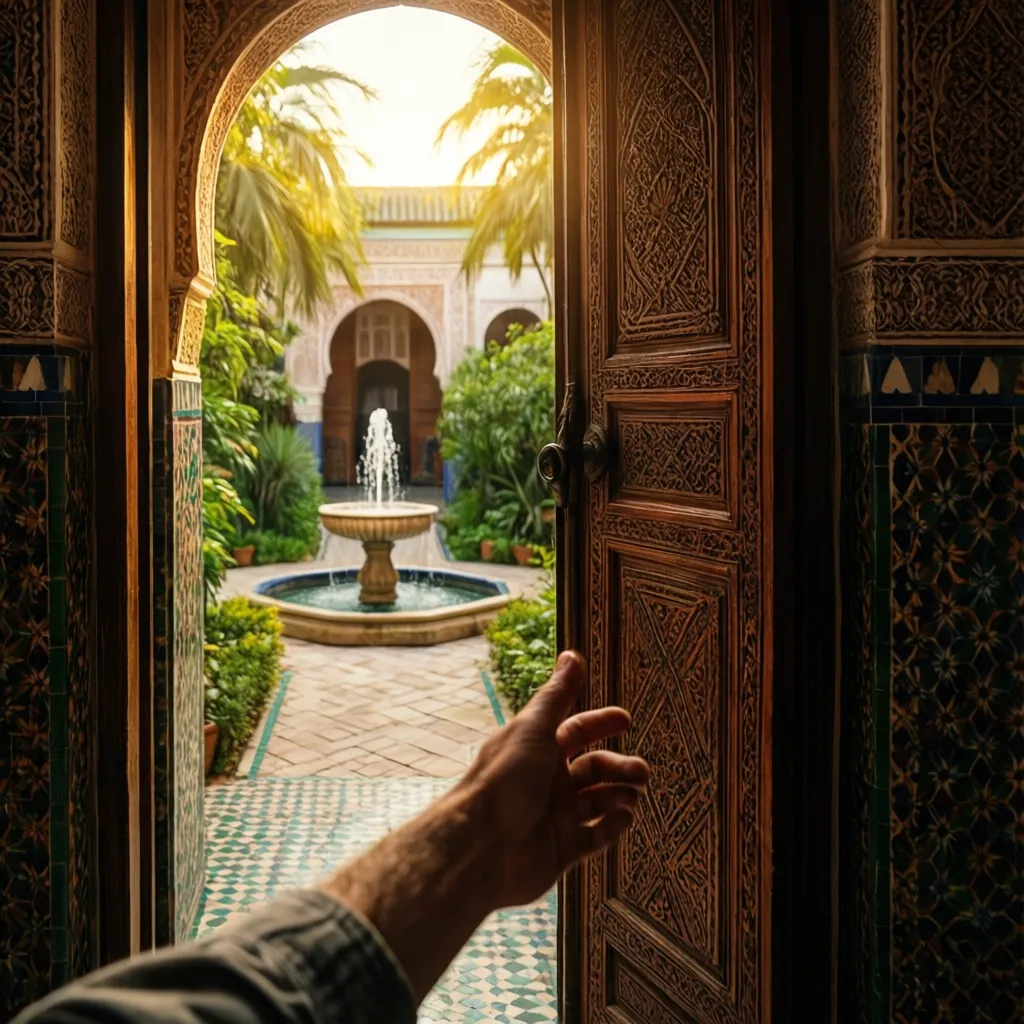 Traveler entering a serene riad courtyard with zellij tiles and fountain, authentic Moroccan guesthouse experience