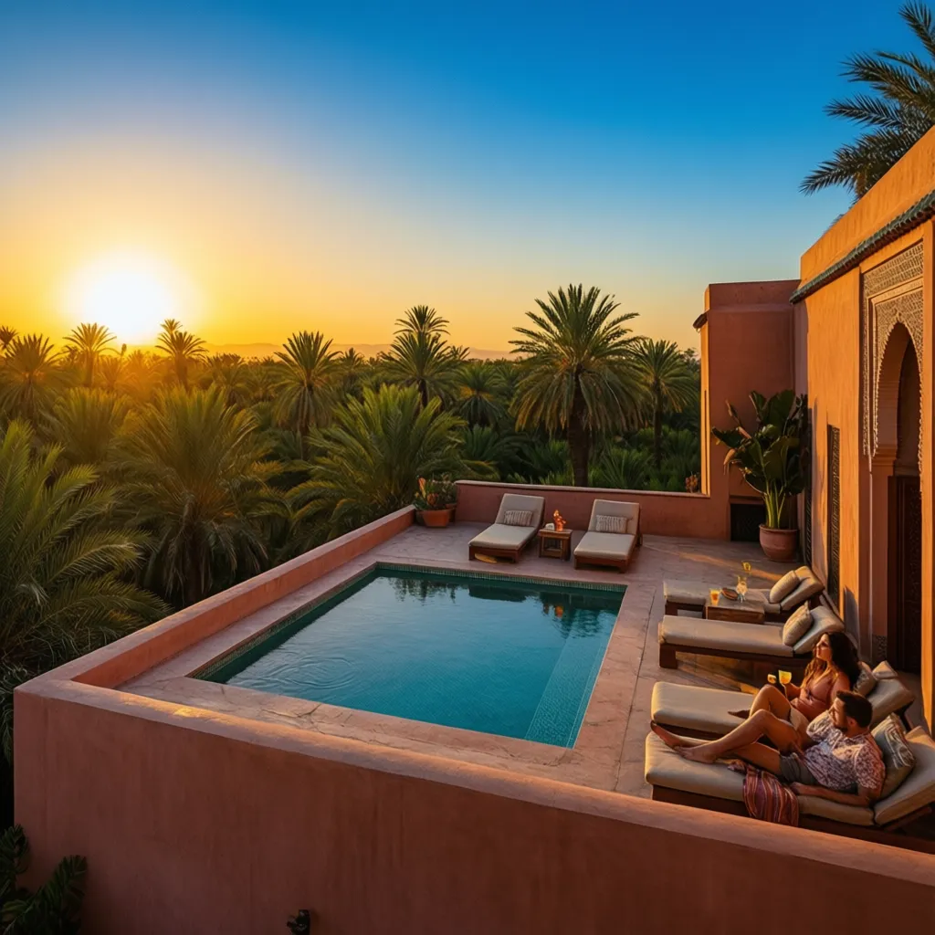 Rooftop terrace with pool and sunset view over the Palmeraie, luxury riad amenities for couples and honeymooners
